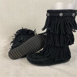 Black Suede Fringe Boots Moccasins Braided Embellished trim kids size one 1